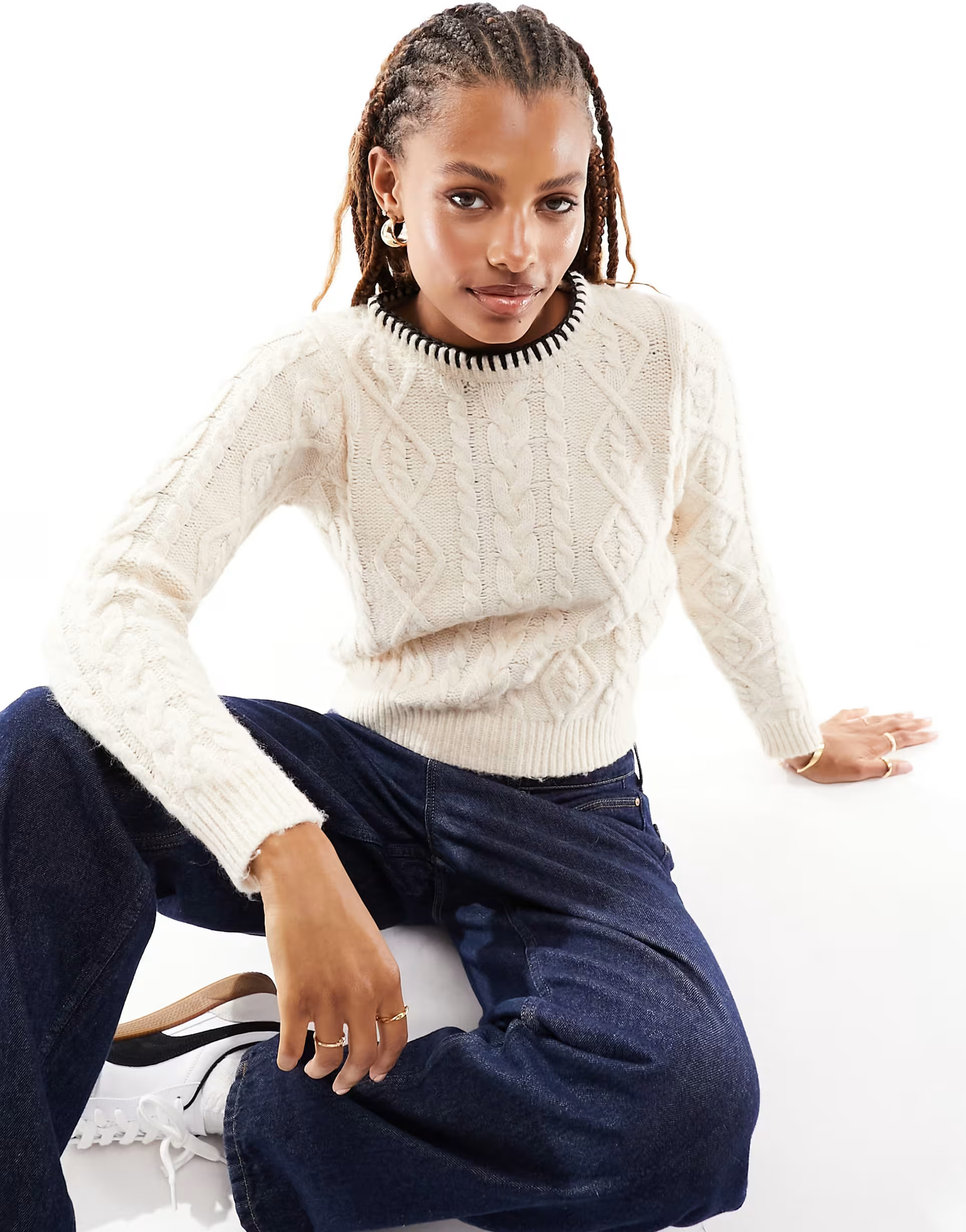 Mango cable knit jumper with stitch neckline in white | ASOS (Global)