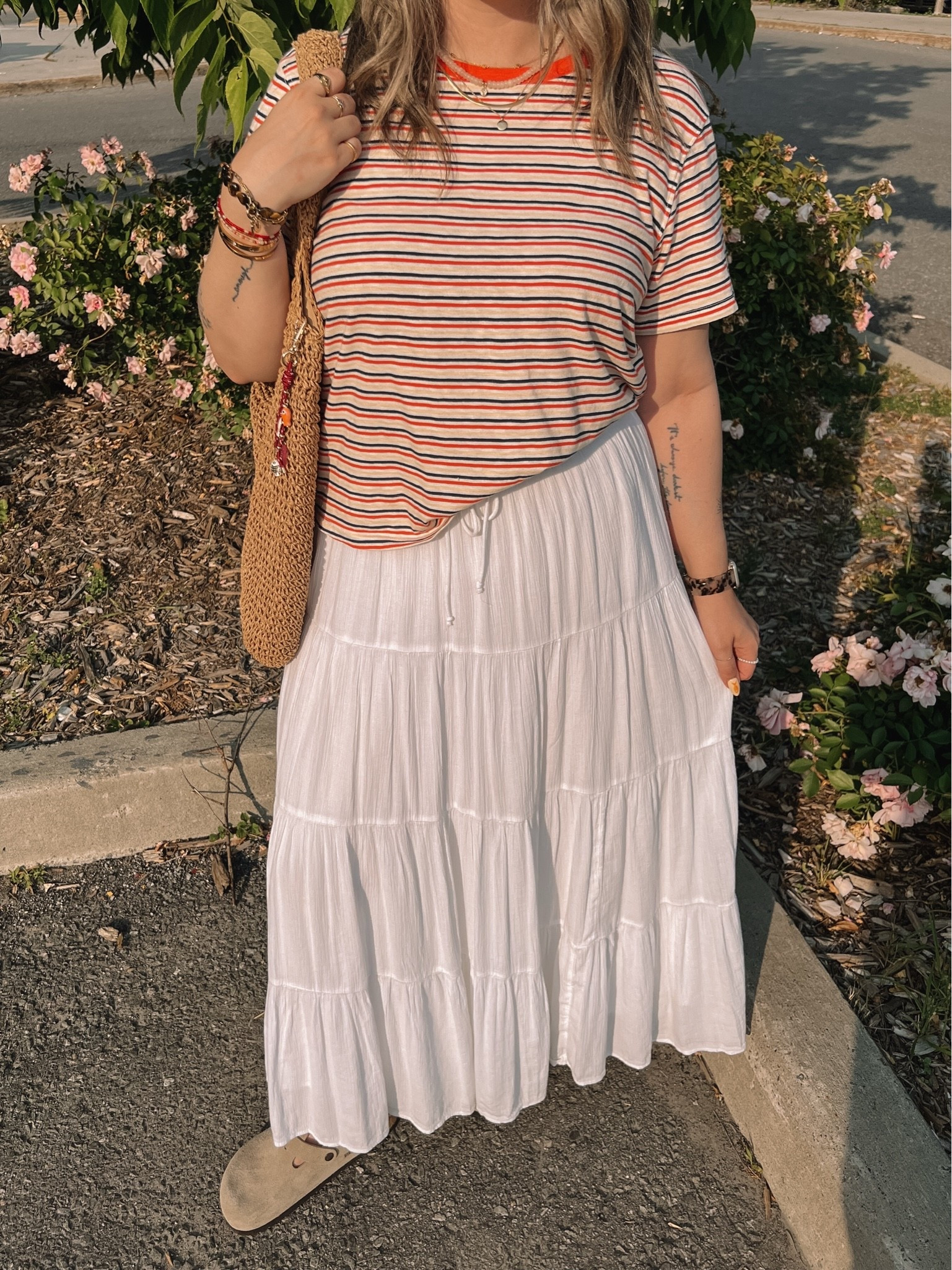 Casual summer outfit! Sized up to XL in the striped tee for a looser fit. White maxi skirt is old from aerie, linked a bunch of similar options! I’m a 9.5-10 shoe and wear a 40 in the Birkenstock clogs

#LTKsummer #LTKmidsize #LTKstyletip
