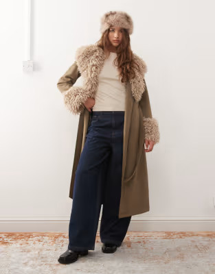 Reclaimed Vintage longline suede look trench coat with faux fur collar and cuffs in khaki | ASOS | ASOS (Global)