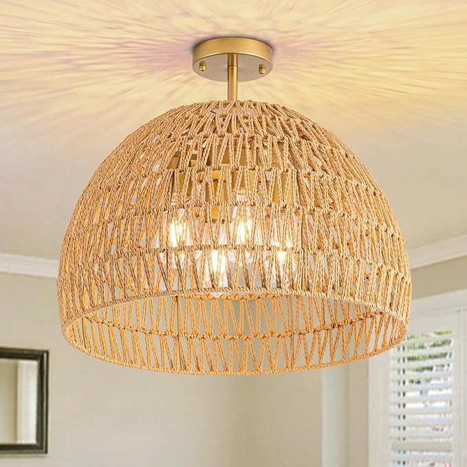4-Light Rattan Ceiling Light, 20" Semi Flush Mount Boho Light Fixture with Hand-Woven Ratan Shade... | Amazon (US)