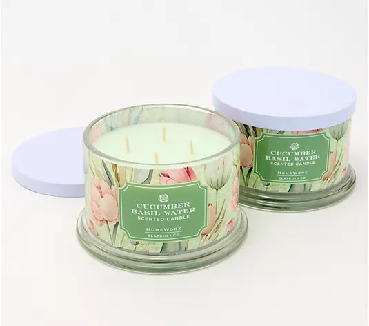 HomeWorx by Slatkin + Co. S/2 18oz Cucumber Basil Water Candles - QVC.com | QVC