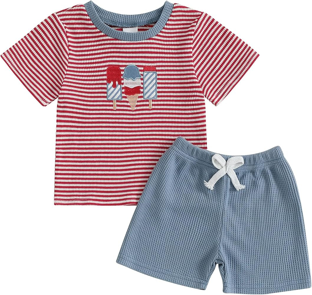 Toddler Baby Boy 4th of July Outfit Flag/Popsicle Embroidered Stripe Short Sleeve Waffle Knit T S... | Amazon (US)