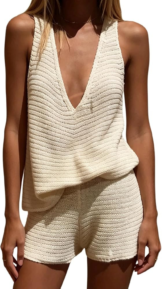 MakeMeChic Women's Summer 2 Piece Sets Deep V Neck Knit Tank Tops Mini Shorts Set Beach Vacation ... | Amazon (US)