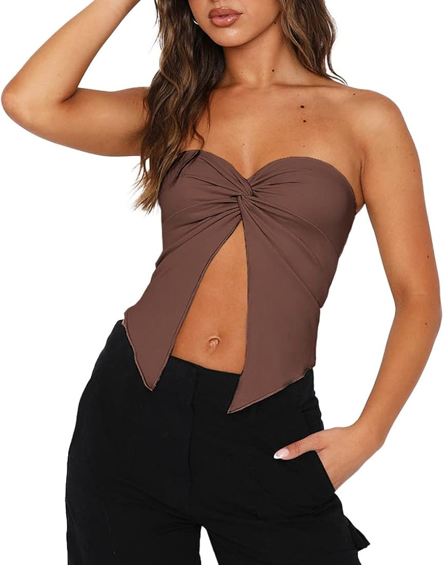 ABYOVRT Women Going Out Tops Strapless Twist Tube Top Sexy Split Front Bandeau Tank Top Y2k Crose... | Amazon (US)