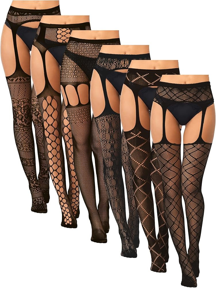 Skylety 6 Pairs Women Fishnet Thigh-High Stockings Tights Suspender Pantyhose Stockings for Women | Amazon (US)