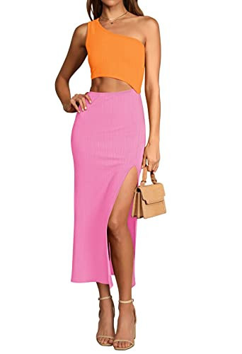 Pink Queen Women's Cutout Bodycon Midi Dress One Shoulder Sleeveless Slit Knit Party Club Dresses Orange Pink M | Amazon (US)