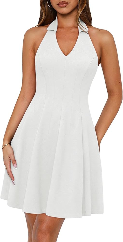 Lazysmile Summer Dresses for Women Sleeveless Halter Lapel V Neck Backless A Line Formal Cocktail... | Amazon (US)