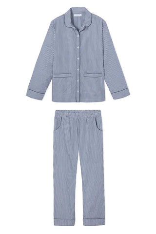 Poplin Piped Pants Set in Navy Stripe | LAKE Pajamas