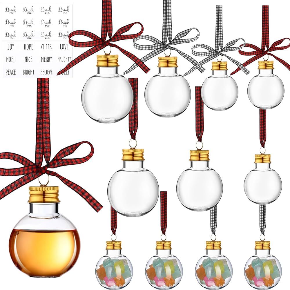 12 Pcs Christmas Booze Balls Christmas Fillable Booze Tree Ornaments with Buffalo Plaid Ribbon St... | Amazon (US)