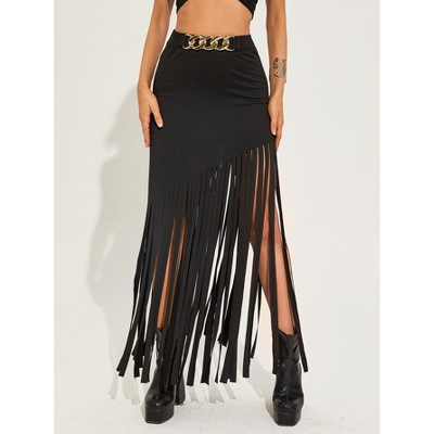 Women Boho Fringe Maxi Skirt High Waist Split Tassel Skirt, Black, L | Target