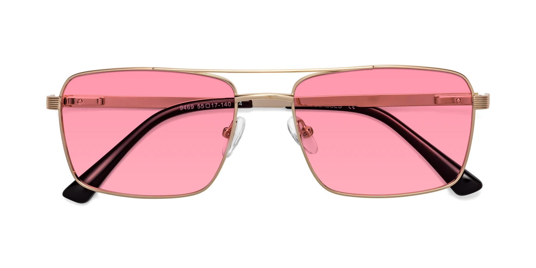 Gold Classic Metal Rectangle Tinted Sunglasses with Pink Sunwear Lenses | Yesglasses