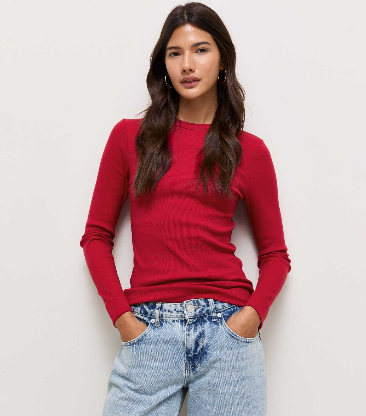 Bright Red Cotton Rich Long Sleeve Rib Crew Neck Top | New Look | New Look (UK)