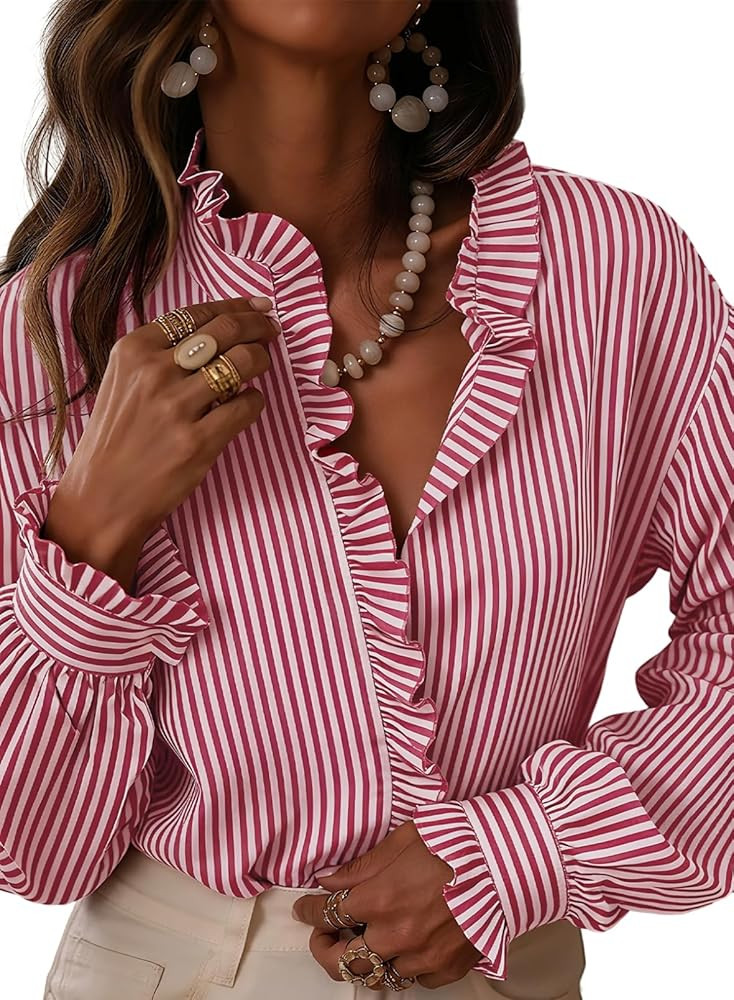Astylish Womens Plaid Ruffle V Neck Button Down Blouse Casual Long Sleeve Gingham Trendy Tops Wor... | Amazon (US)