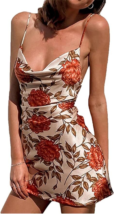 Cantonwalker Women's Cowl Neck Halterneck Slip On Backless Satin Mini Dress Sexy Silky Party Club... | Amazon (US)