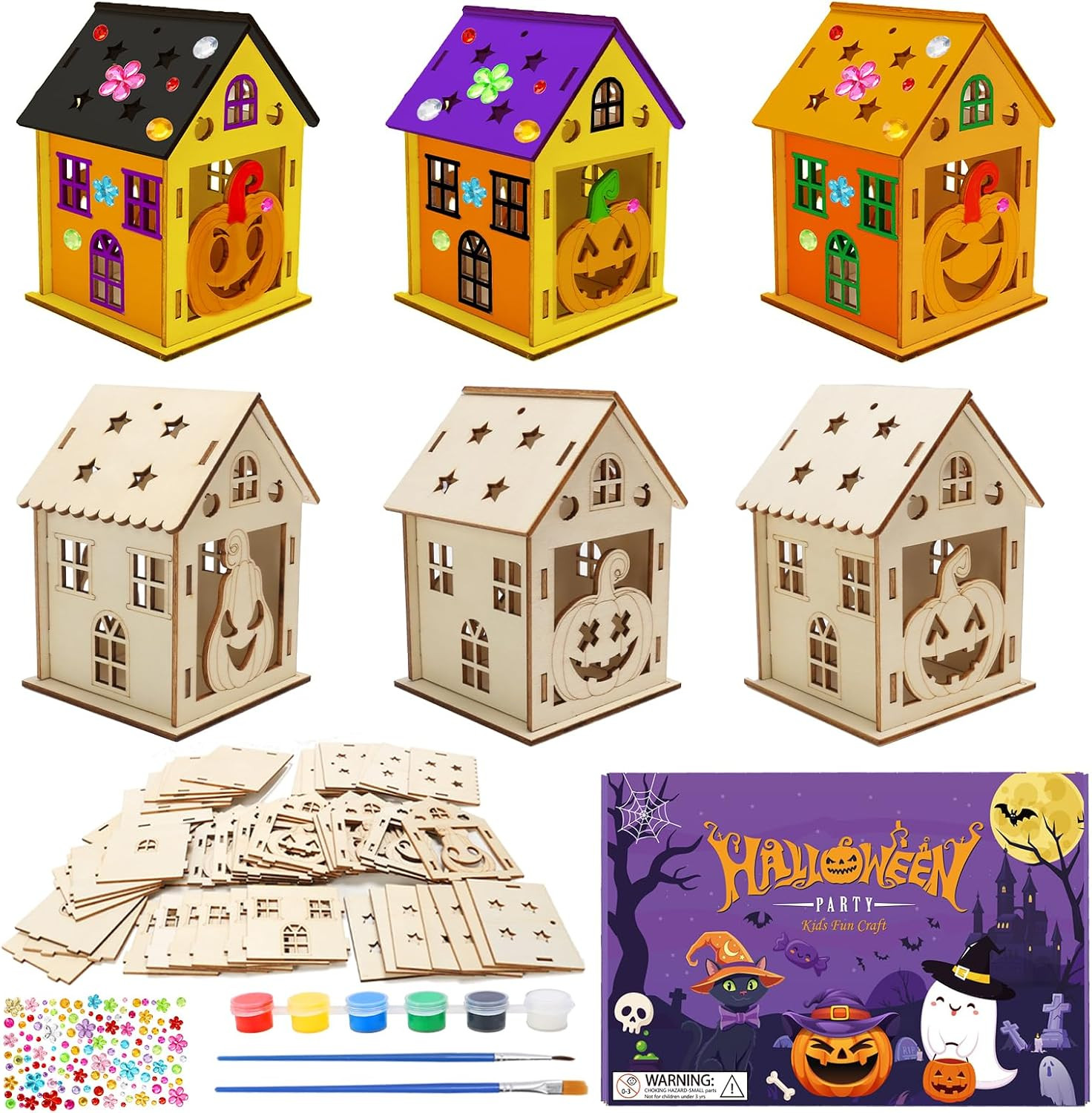 Fennoral 7 Pack Wooden Pumpkin House Craft for Kids Make You Own 3D Halloween House DIY Paint Art and Craft for Classroom Art Projiect Halloween Party Decoration | Amazon (US)