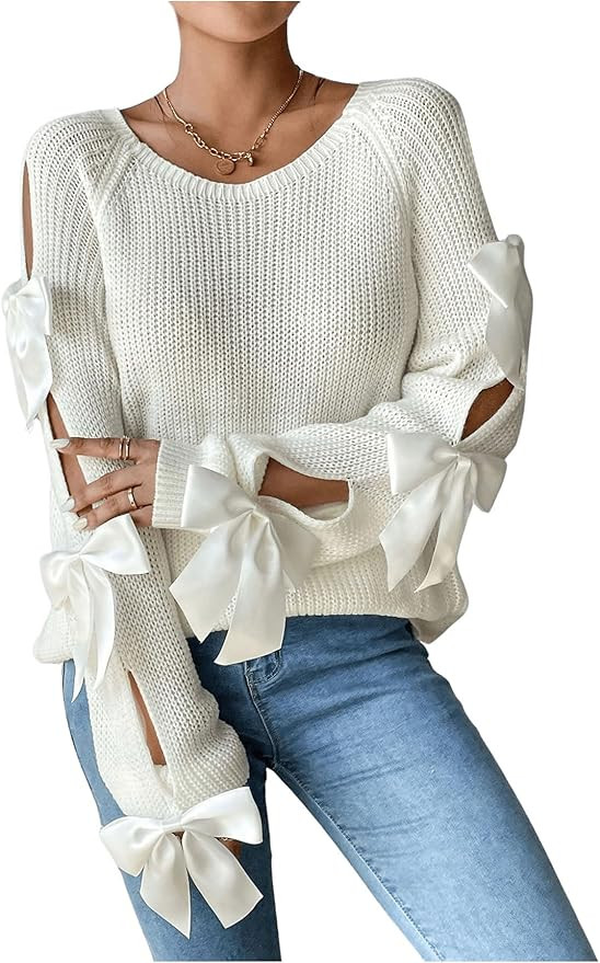 WDIRARA Women's Bow Cut Out Long Sleeve Sweater Oversized Knit Pullovers Crew Neck Top | Amazon (US)