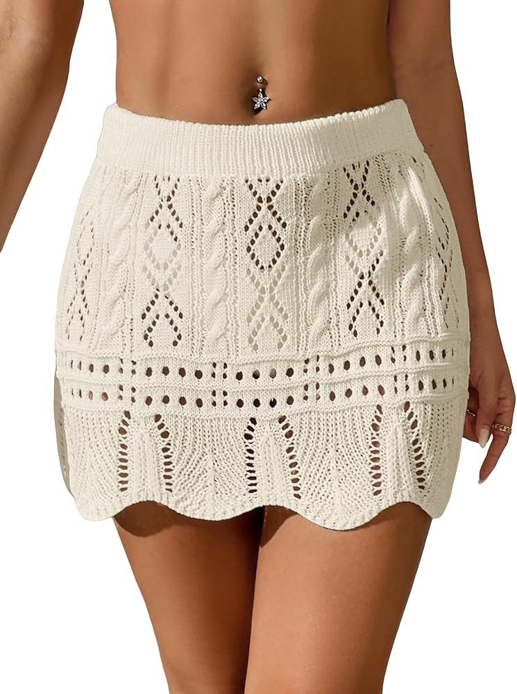 Verdusa Women's Hollow Out Knit Scalloped Elastic Waist Swimsuit Beach Cover Up Mini Skirt | Amazon (US)