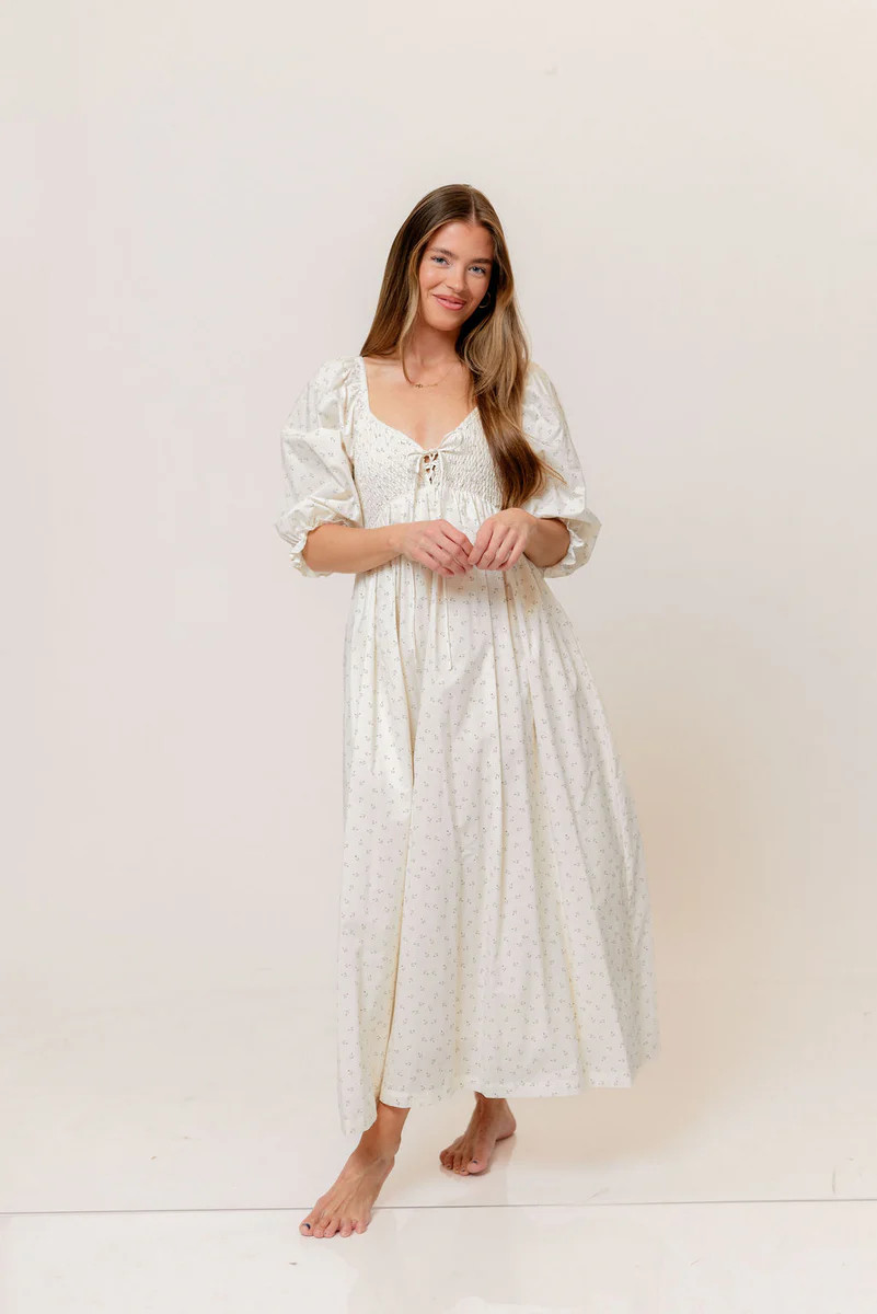 Cecilia 100% Cotton Smocked Maxi Dress in Ivory Floral (Lined) - Bump | Worth Collective