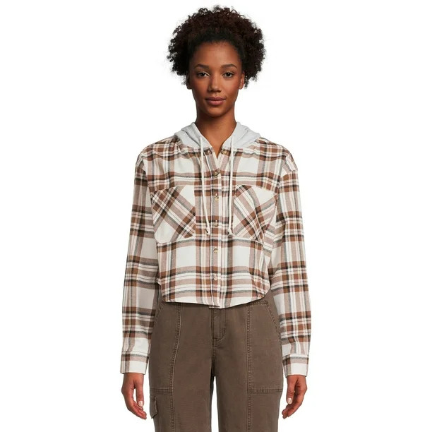 No Boundaries Juniors Hooded Flannel Shirt | Walmart (US)