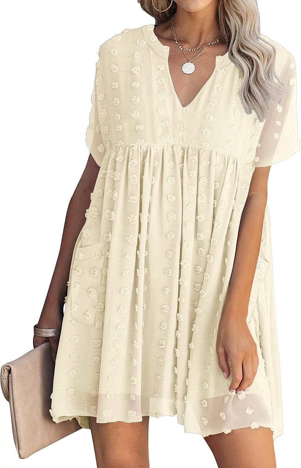 MIHOLL Women's V Neck Short Sleeve Ruffle Loose Summer Flowy Mini Dress | Amazon (US)