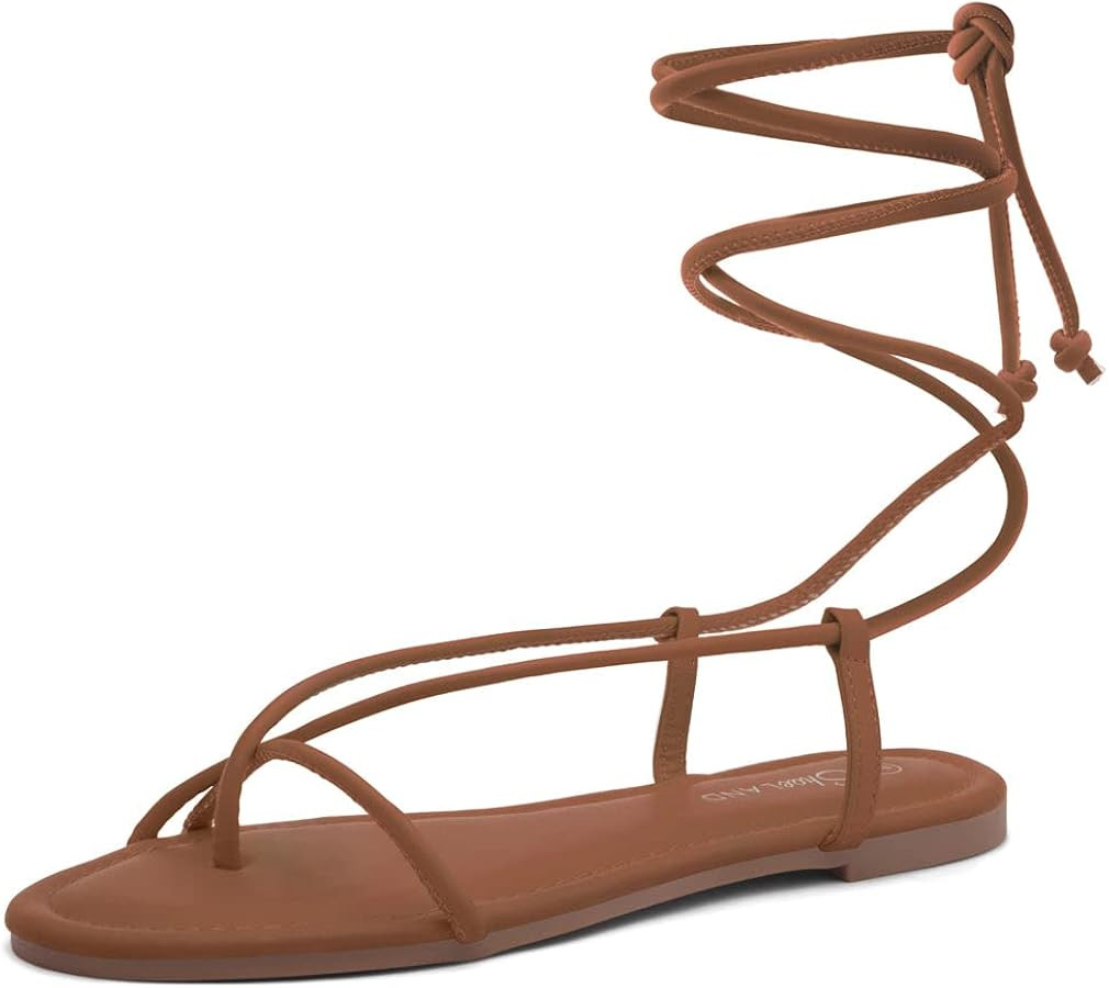 Shoe Land Womens SL-Auday Lace Up Flat Sandals Open Toe Wrap Ankle Strap Shoes | Amazon (US)