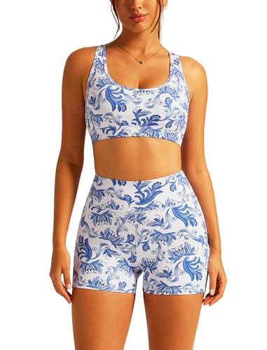 ABOCIW Floral Print Workout Sets for Women 2 Piece Cross Scoop Neck Back Sports Bra Matching Tummy Control High Waits Biker Shorts Yoga Pilates Outfits Athletic Active Wear Blue X-Small | Amazon (US)