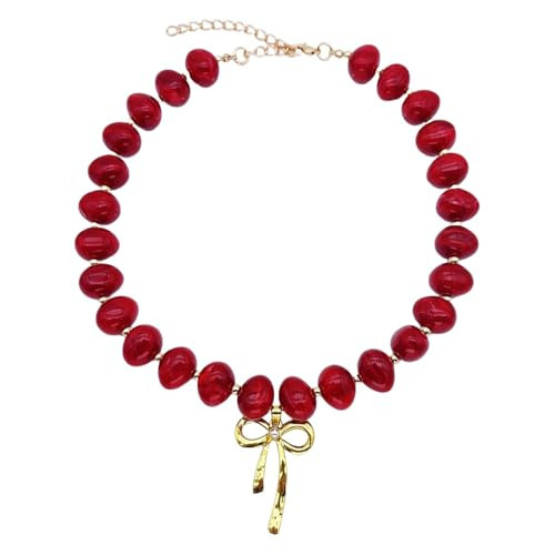 Jiookar Red Beaded Necklace for Women Chunky Beaded Necklace Adjustable Acrylic Bead Choker Necklaces Big Statement Necklaces Jewelry Accessories (Red Bead Bow Necklace) | Amazon (US)