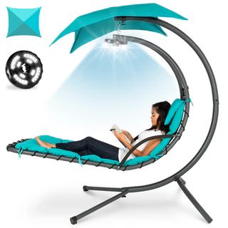 Hanging LED-Lit Curved Chaise Lounge Chair w/ Pillow, Canopy, Stand | Best Choice Products 