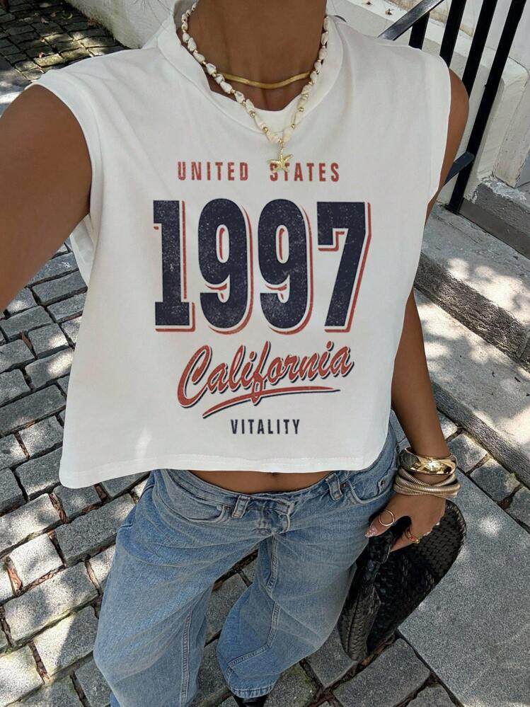 SHEIN Essnce Damen Lässig Rundhals Ärmelloses Crop Tank Top, Geeignet Für Den Sommer, Retro Amerikanischer Vintage 1997 Muster | SHEIN