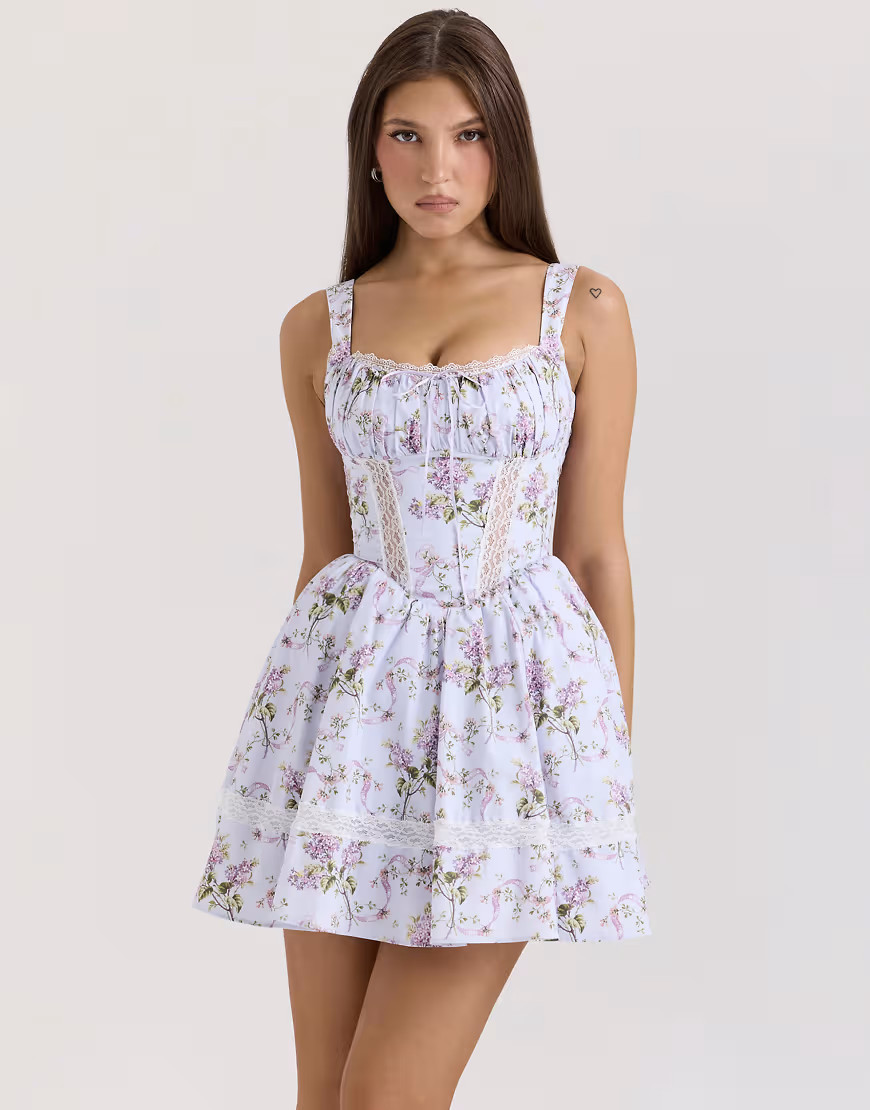 House of CB Kimmie print cotton mini dress in lilac ribbon-Purple | ASOS (Global)