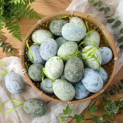 Thyle 24 Pcs Green Floral Easter Eggs Hanging Ornaments Spring Easter Hanging Eggs Decorations Blue and Green Decorative Baubles Ornaments Spring Farmhouse Tree Decor Basket Filler | Amazon (US)
