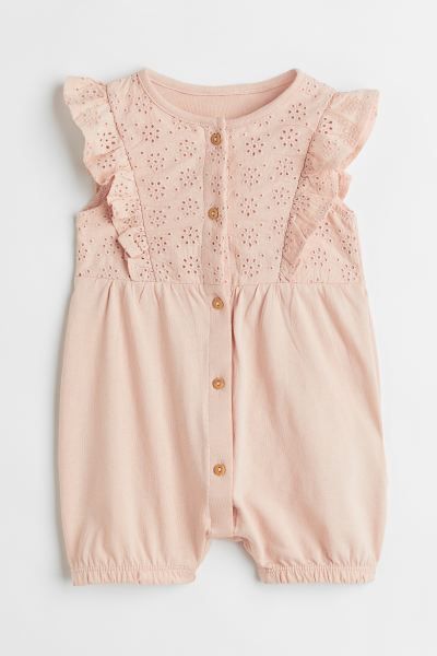 Sleeveless romper suit in cotton jersey with eyelet embroidered bodice in woven cotton fabric. Fl... | H&M (US + CA)