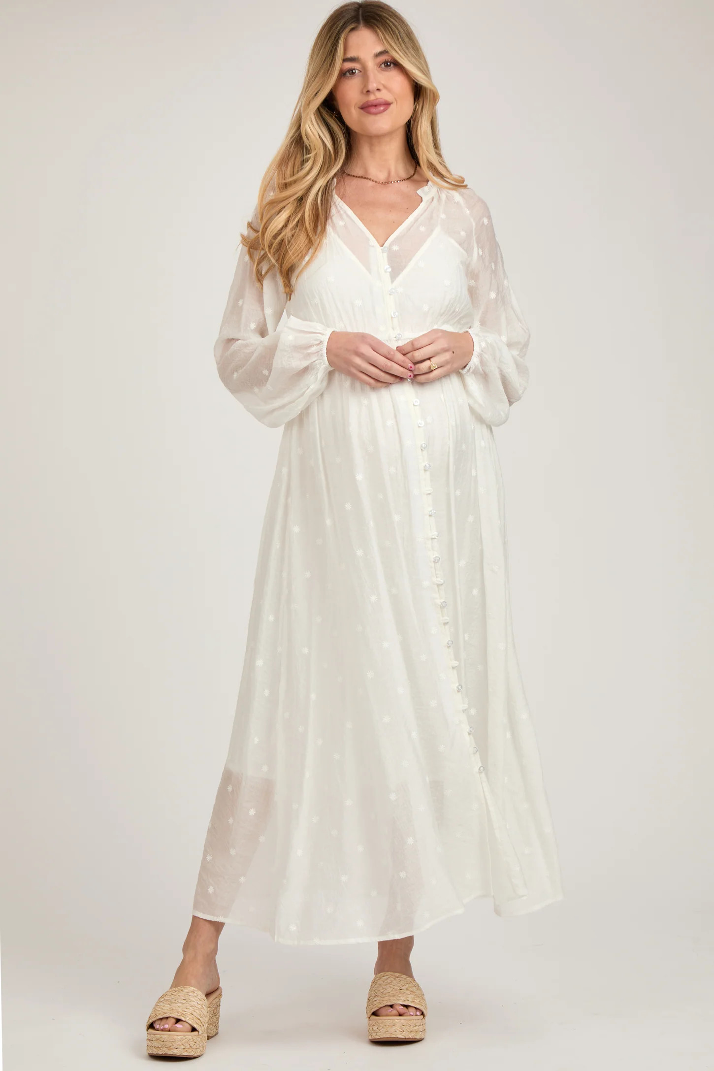 Ivory Embroidered Maternity Button Down Maxi Dress | PinkBlush Maternity