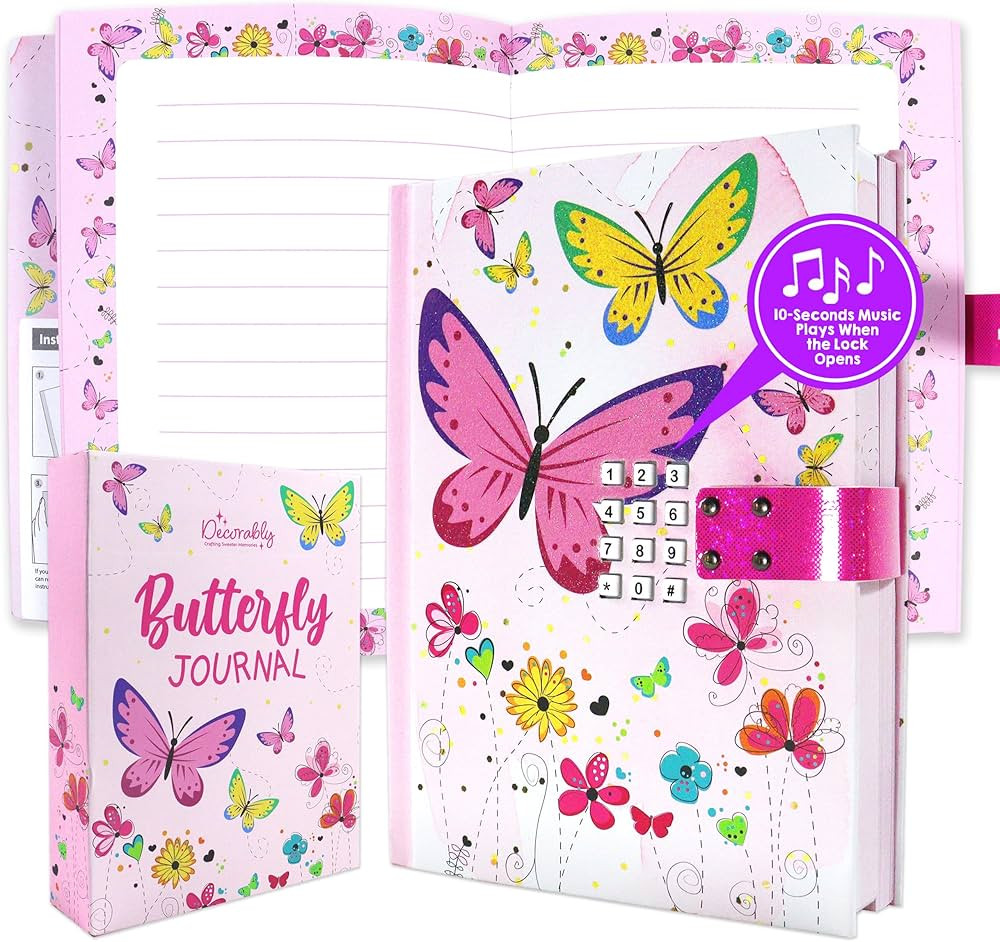 Decorably Journal for Kids - Glittery A5 Butterfly Girls Diary Ages 9-12 with Lock Code and Music... | Amazon (US)