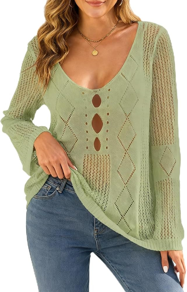 Womens Summer Crochet Swimsuit Coverup Sexy Crew Neck Long Sleeve Mesh Knit Bikini Cover Ups Beac... | Amazon (US)