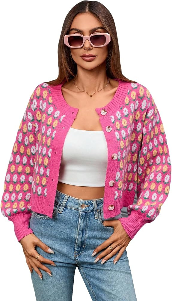 WDIRARA Women's Floral Button Down Ribbed Knit Crew Neck Cropped Cardigan Sweater | Amazon (US)