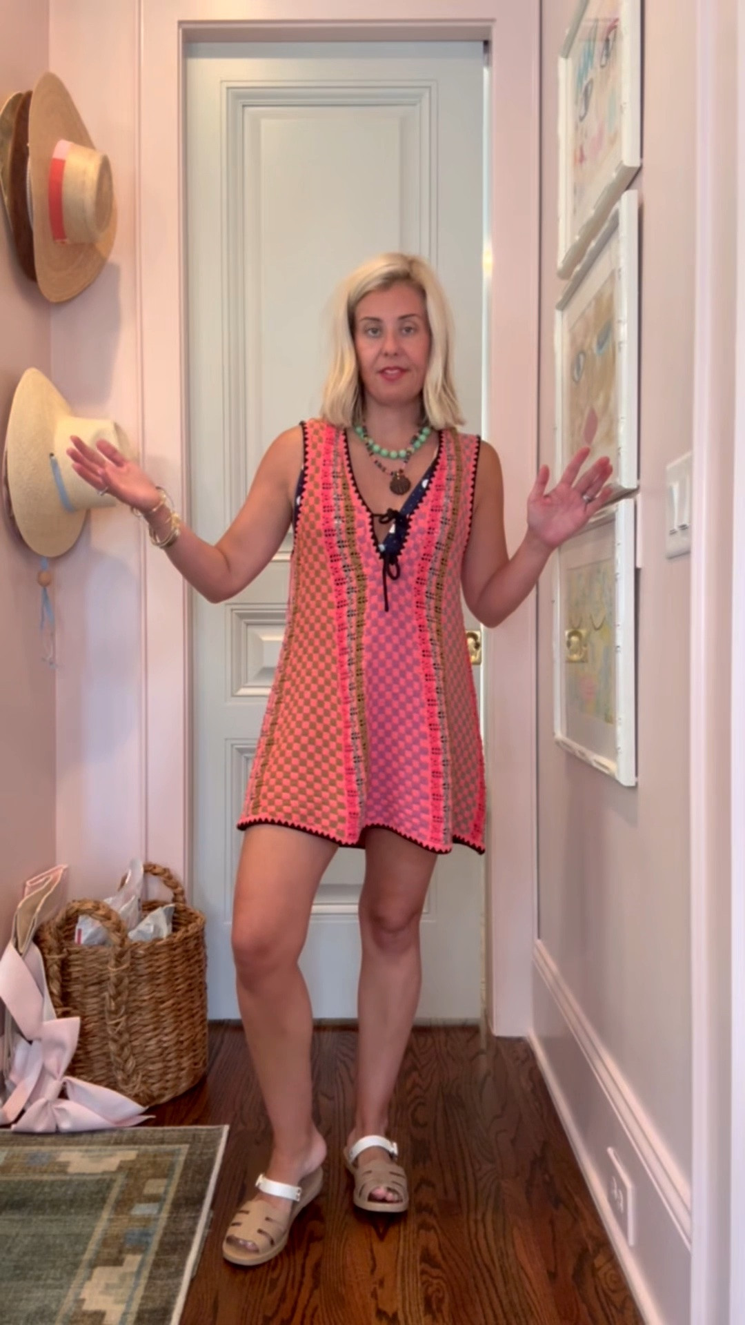 This coverup is so dang cute!! You can totally wear this to lunch by the pool or beach. The colors are so good. I’m in an XS dress, small swimsuit and 7/8 jelly. ￼

#LTKdayinmylife #LTKSwim #LTKSeasonal