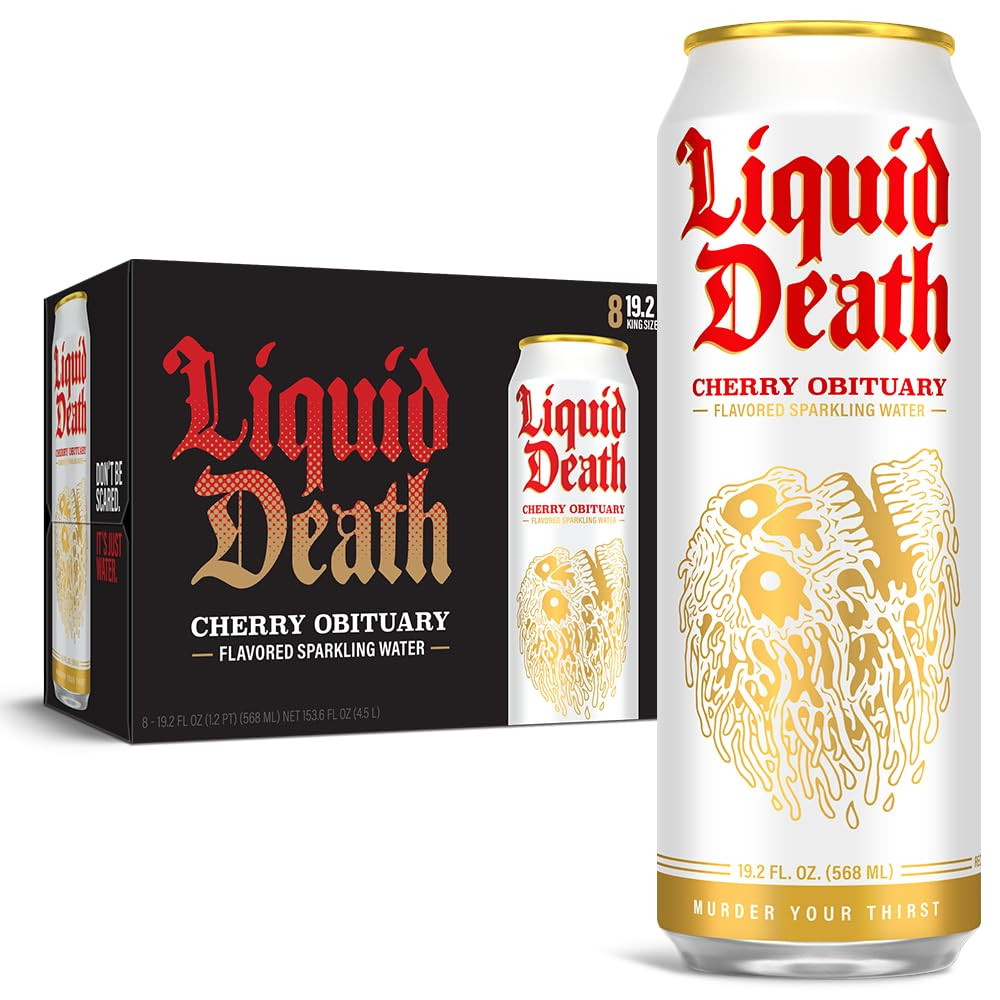 Liquid Death, Cherry Obituary, Cherry-Flavored Sparkling Water, 8-Pack (19.2oz Cans), Low Calorie... | Amazon (US)