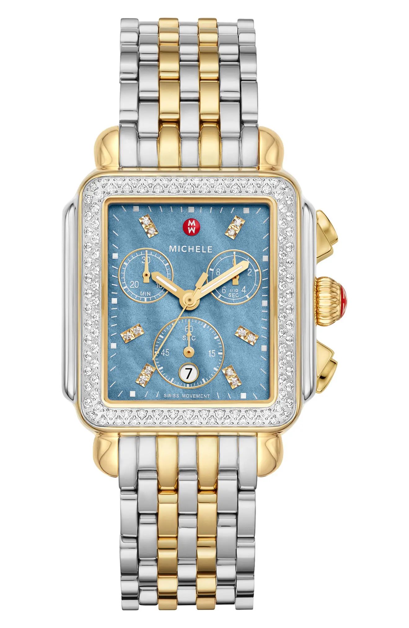 MICHELE Deco Diamond Chronograph Watch Head & Bracelet, 33mm in 2T Gold at Nordstrom | Nordstrom
