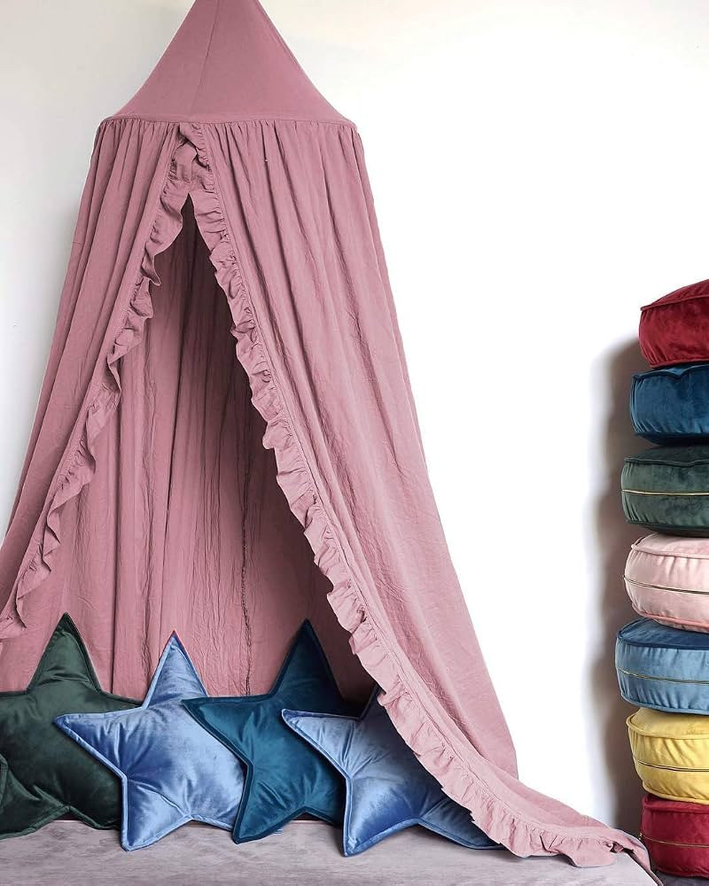 Bed Canopy with Frills Reading Nook Game Tent for Kids Boho Hanging Net Play Room Decor(Dusty Ros... | Amazon (US)
