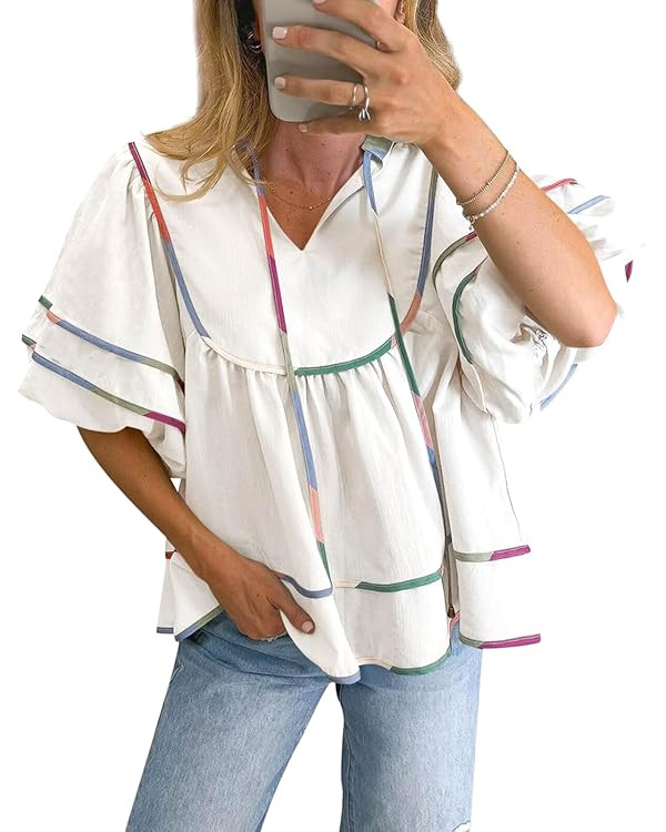 Cicy Bell Womens Summer Babydoll Tops V Neck Short Lantern Sleeve Shirts Cute Loose Fit Peplum Fl... | Amazon (US)