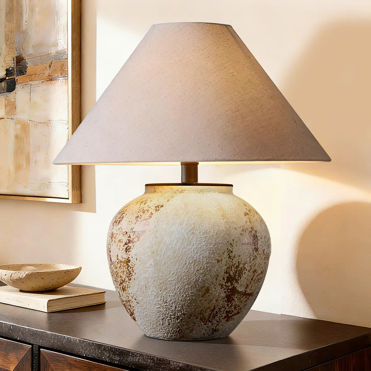 Iftikar Rustic Earthenware Table Lamp With Linen Shade & Free LED Bulb \u2014 Compact Accent Lamp... | Wayfair North America