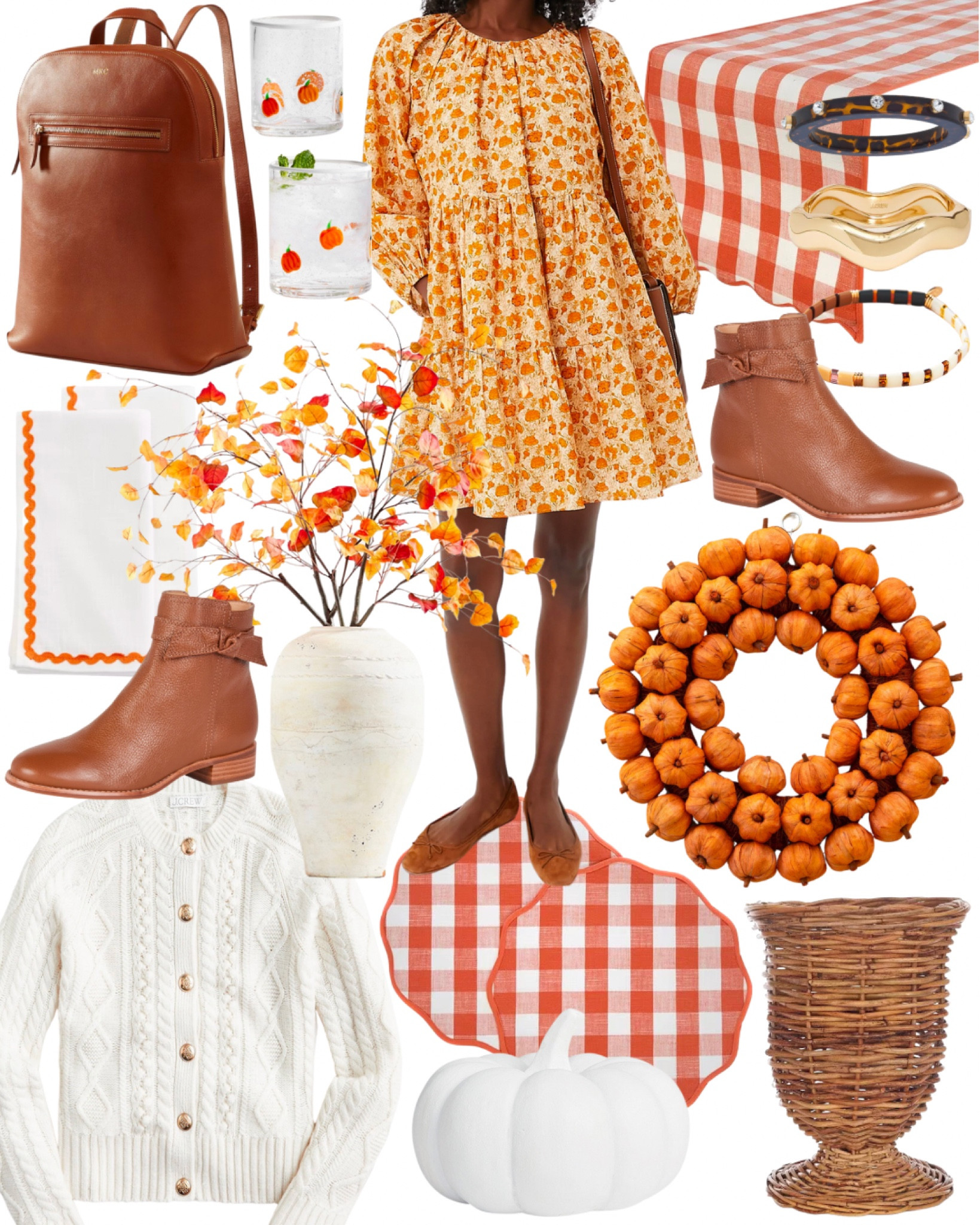 Fall, dress, fall, decor, fall home, decor, fall, decorating ideas for boots, prefall, cognac, leather woven, vase, rattan, vase, white, chunky cardigan, cableknit, sweater, brown boots, ankle boots, ric-rac, orange, gingham, scalloped, placemats, orange dress faux leaves, bracelet, stack, fall, glasses, pumpkin, pumpkin spice

#LTKsalealert #LTKhome #LTKSeasonal