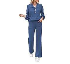 Meenew Women's 2 Piece Sweatsuit Sweater Outfits Collared V Neck Knitted Pullover Tops Wide Leg P... | Amazon (US)
