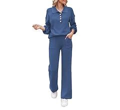 Meenew Women's 2 Piece Sweatsuit Sweater Outfits Collared V Neck Knitted Pullover Tops Wide Leg P... | Amazon (US)