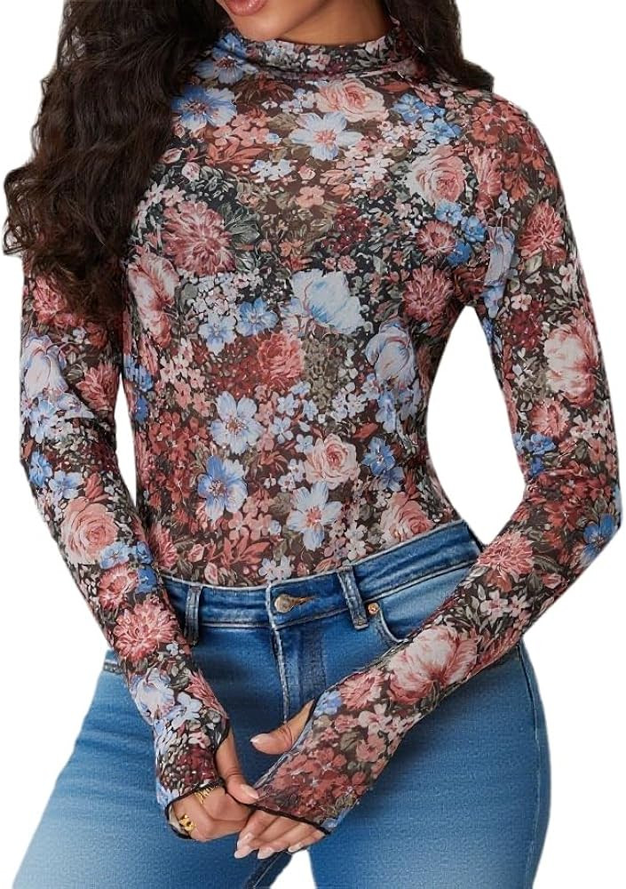 iGENJUN Lace Long Sleeve Shirts Floral Mesh Mock Neck Going Out Tops for Women Business Casual Fa... | Amazon (US)