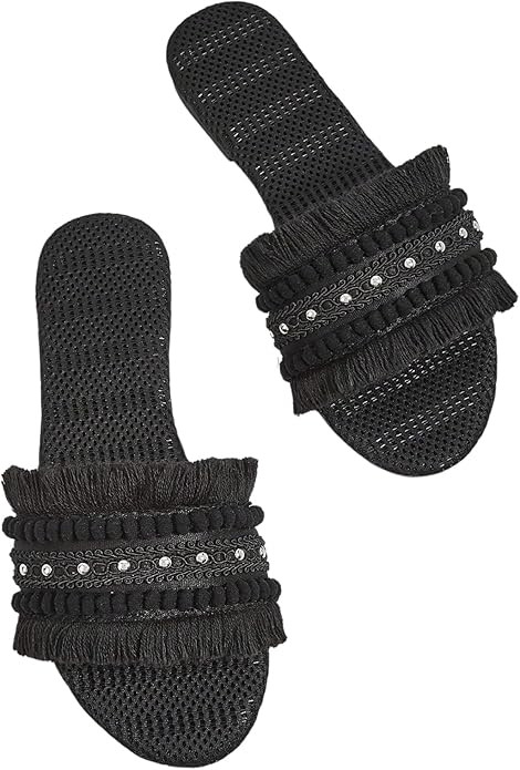 OYOANGLE Women's Fringe Straw Sandals Crochet Open Toe Single Band Flat Slip On Sandals | Amazon (US)