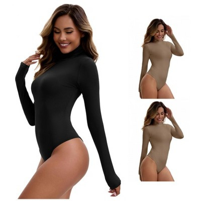 INSPIRE CHIC Women's High Neck Long Sleeve Tops Slim Fit Bodysuit Jumpsuit 3 Packs 1 Black+2 Beige Small | Target