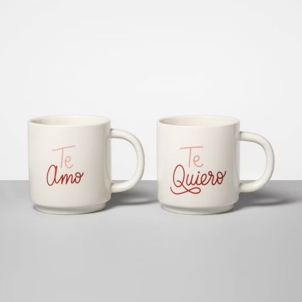 16oz 2pk Stoneware Te Amo and Te Quiero Mug Set White - Opalhouse™ | Target