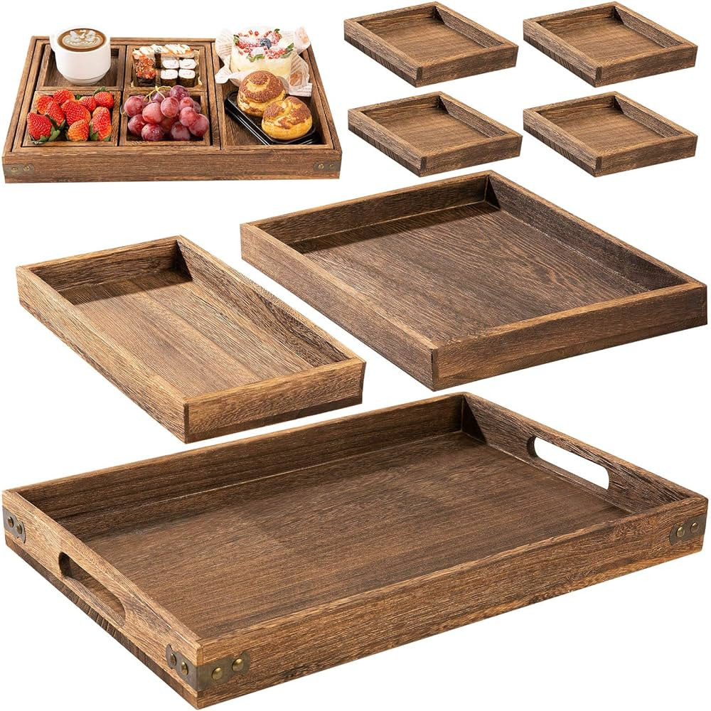 Rustic Wooden Serving Trays with Handle -Decorative Tray Set of 7 Serving Trays for Entertaining ... | Amazon (US)